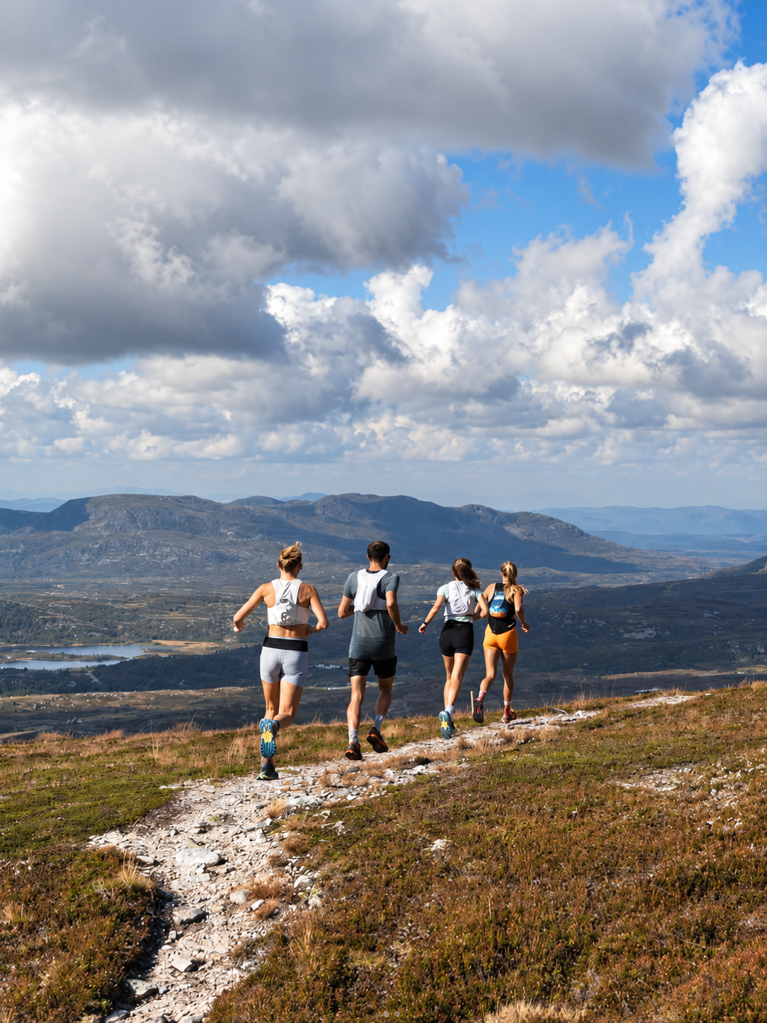 Løpere på vei ned fjellstien med vid utsikt over dal og vann